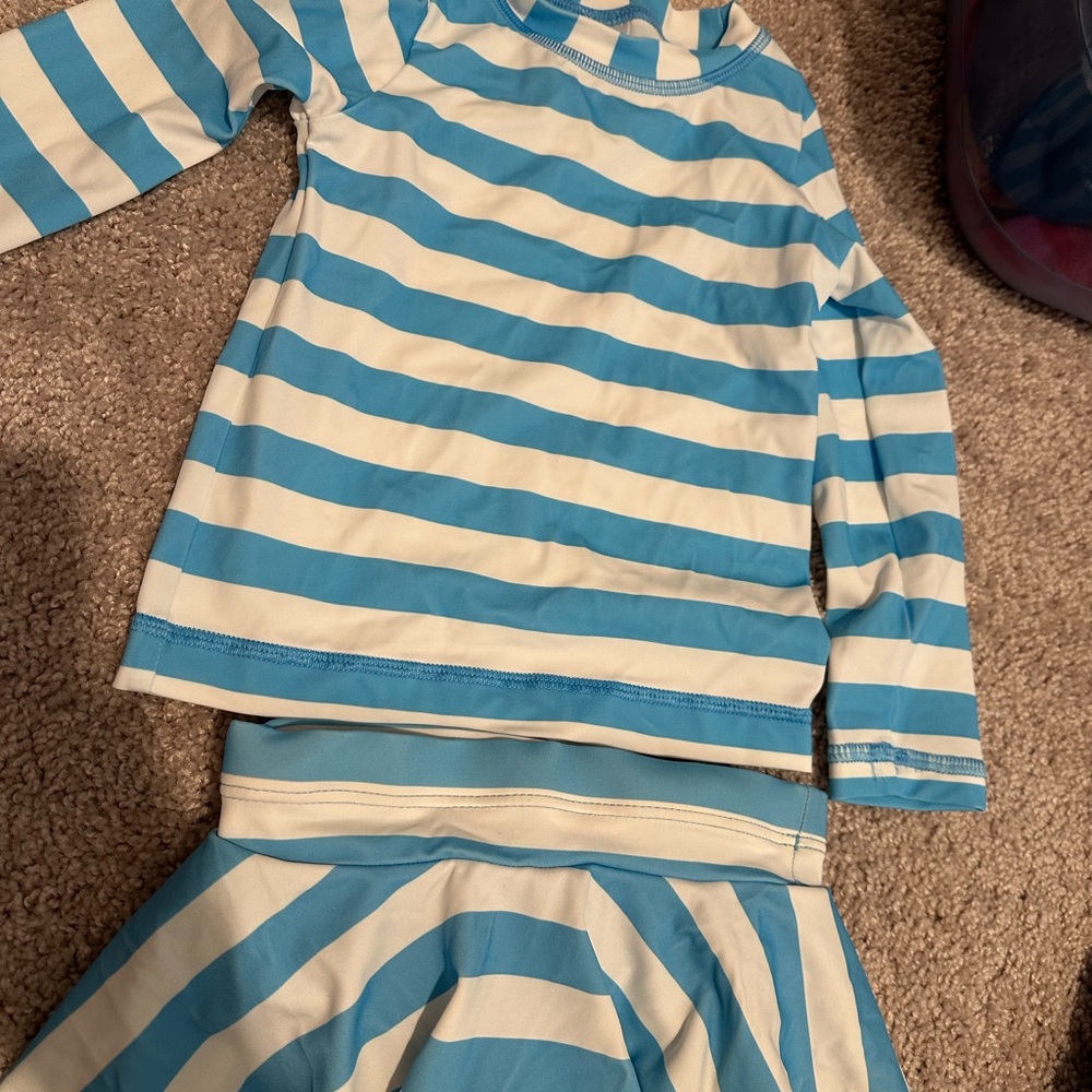 Hanna Andersson Girls Swim 2T 3 piece set Blue and White Striped Swim Set